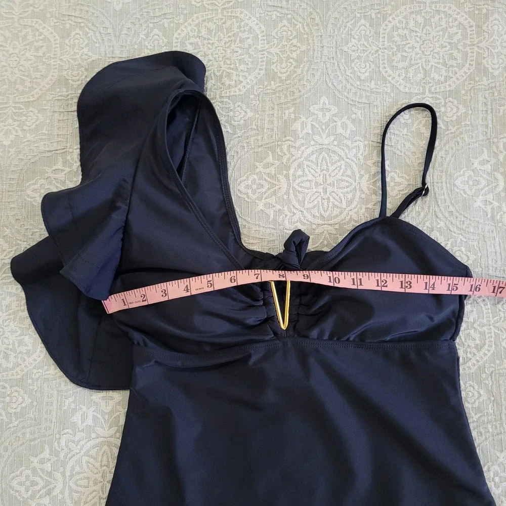 Sporlike Black One‎ Shoulder Ruffle One Piece Swimsuit Gold V Detail Size L